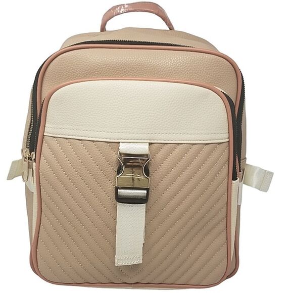 Double zip Square Top Tan and Cream backpack purse - Picture 6 of 9